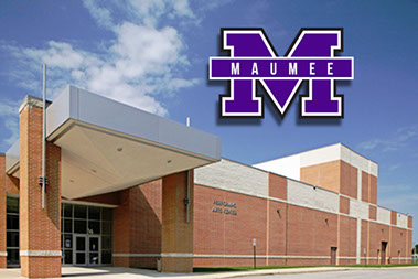 Photo of school and Maumee logo